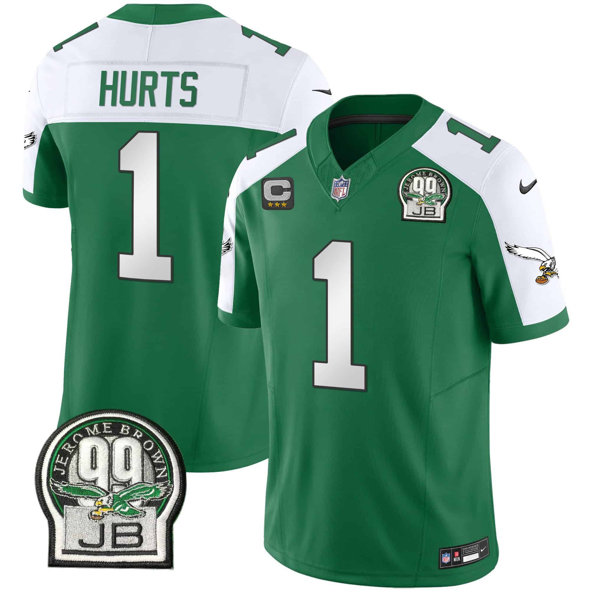 Men Philadelphia Eagles #1 Hurts Green 2024 Nike Jerome Brown Patch Alternate Limited NFL Jersey